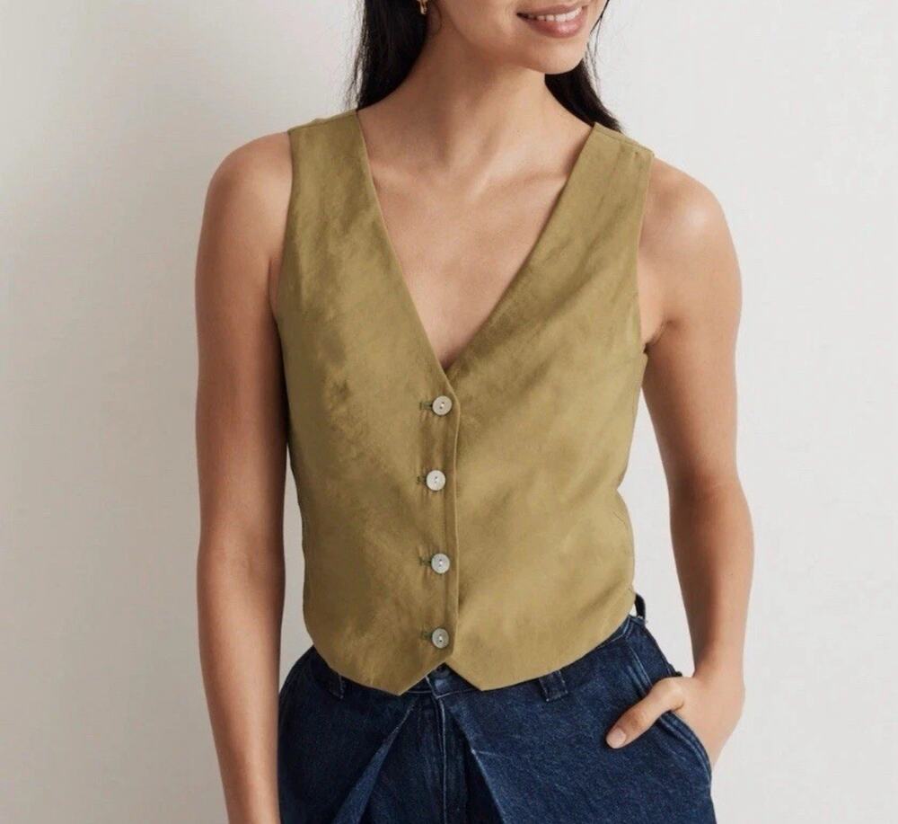 MADEWELL Button-Front Vest Women Sz 4 Dark Khaki Twill Small